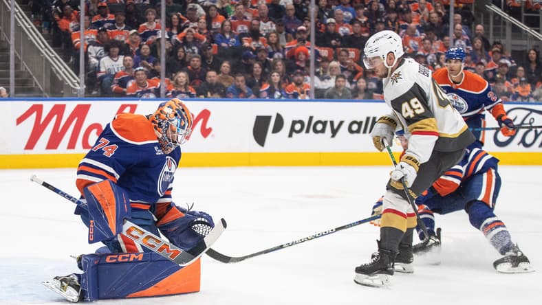 Edmonton Oilers goaltender Stuart Skinner makes a save on Golden Knights forward Ivan Barbashev 5/12/2025 (Photo/Screenshot- Sportsnet via Twitter)