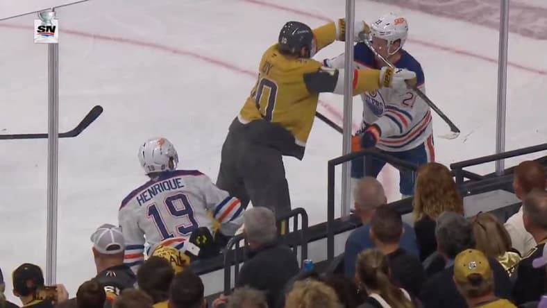 Golden Knights forward Nic Roy cross-checks Oilers forward Trent Frederic 5/8/2025 (Photo/Screenshot- Sportsnet via Twitter)