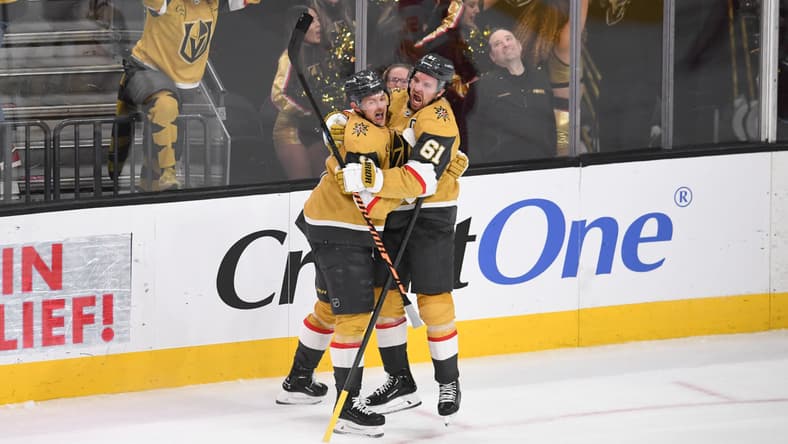 Mark Stone and Jack Eichel celebrate after scoring 12/13/2023 (Photo/Screenshot- Vegas Golden Knights via Twitter)
