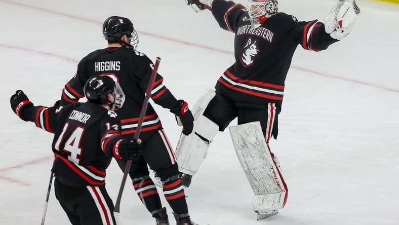 Golden Knights prospect and Northeastern Huskies goaltender Cameron Whitehead celebrates with Jake Higgins and Joe Connor after a win over the Boston College Eagles on 3/15/2025 (Photo/Screenshot- gonumhockey via Instagram)