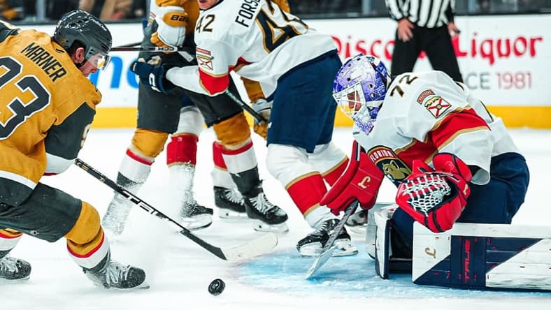 Florida Panthers goaltender Sergei Bobrovsky makes a save on Vegas Golden Knights forward Mitch Marner (Photo/Screenshot- NHL Public Relations via Twitter)