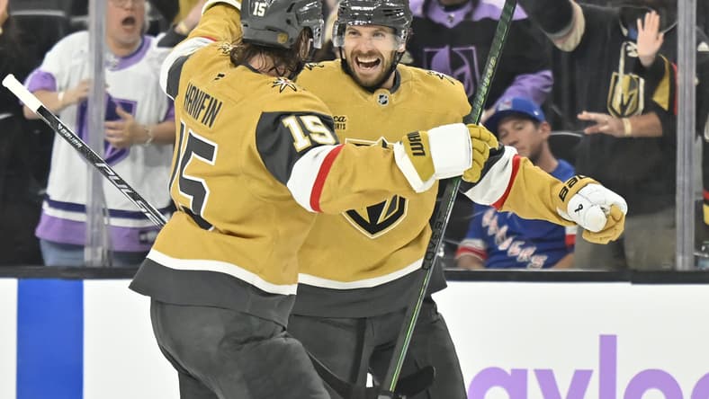 Vegas Golden Knights defenseman Shea Theodore celebrates scoring his first goal of the season (Photo/Screenshot- Vegas Golden Knights via Twitter)