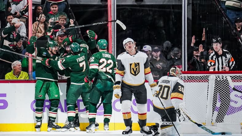 Minnesota Wild forward Yakov Trenin celebrates scoring against the Vegas Golden Knights 11/16/2025 (Photo/Screenshot- Minesota Wild via Twitter)