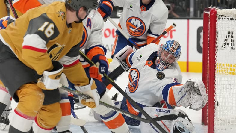 New York Islanders goaltender Ilya Sorokin makes a save on Pavel Dorofeyev in overtime 11/13/2025 (Photo/Screenshot- New York Islanders via Twitter)