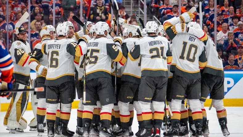 The Vegas Golden Knights celebrate their Game 3 win over the Edmonton Oilers 5/10/2025 (Photo/Screenshot- Vegas Golden Knights via Twitter)
