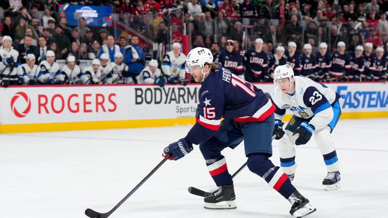 Vegas Golden Knights defenseman Noah Hanifin on a breakaway for Team USA. (Photo/Screenshot- Vegas Golden Knights via Twitter)