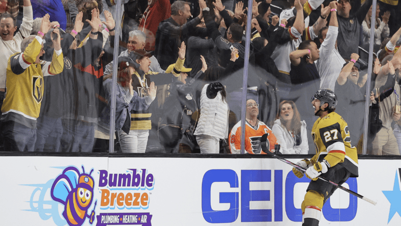 Theodore celebrates after scoring the game winner 10/24/23 against theFlyers (Photo/Screenshot- Vegas Golden Knights via Twitter)