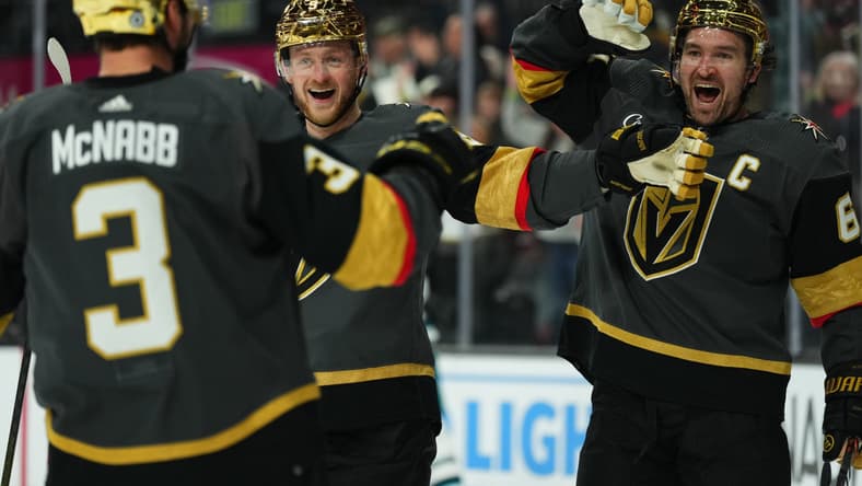 Golden Knights Jack Eichel, Mark Stone, and Brayden McNabb celebrate a goal 12/10/23. (Photo/Screenshot- Vegas Golden Knights via Twitter)