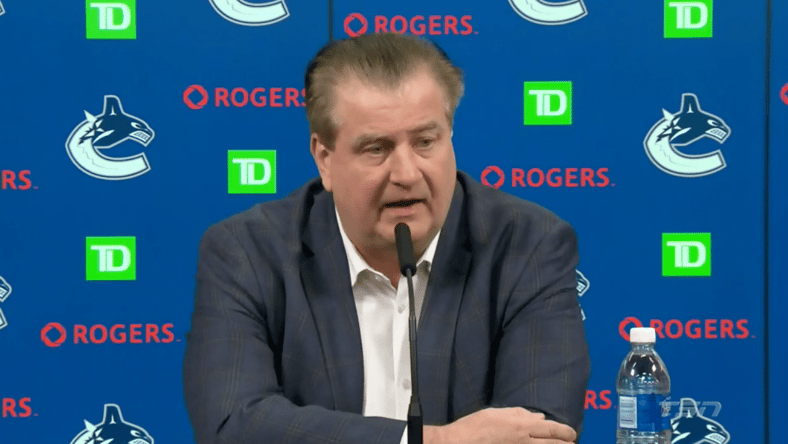 Jim Benning addresses media Vancouver Canucks (Photo: Rob Simpson Vancouver Hockey Now)
