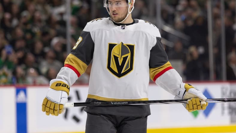 SAINT PAUL, MN - MARCH 30: Vegas Golden Knights center Ivan Barbashev (49) looks on during the third period of the NHL game between the Vegas Golden Knights and the Minnesota Wild on March 30th, 2024, at the Xcel Energy Center in Saint Paul, MN. (Photo by Bailey Hillesheim/Icon Sportswire)