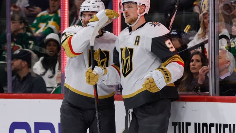 ST. PAUL, MN - MARCH 25: Vegas Golden Knights center Jack Eichel (9) celebrates with center Ivan Barbashev (49) after scoring his third goal of the game during the third period of the NHL game between the Vegas Golden Knights and Minnesota Wild on March 25th, 2025, at the Xcel Energy Center in St. Paul, MN. (Photo by Bailey Hillesheim/Icon Sportswire)