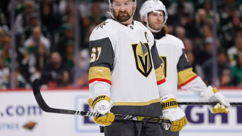 ST. PAUL, MN - APRIL 24: Vegas Golden Knights right wing Mark Stone (61) looks on during the second period in Game Three of the First Round of the 2025 Stanley Cup Playoffs between the Vegas Golden Knights and Minnesota Wild on April 24th, 2025, at the Xcel Energy Center in St. Paul, MN. (Photo by Bailey Hillesheim/Icon Sportswire)
