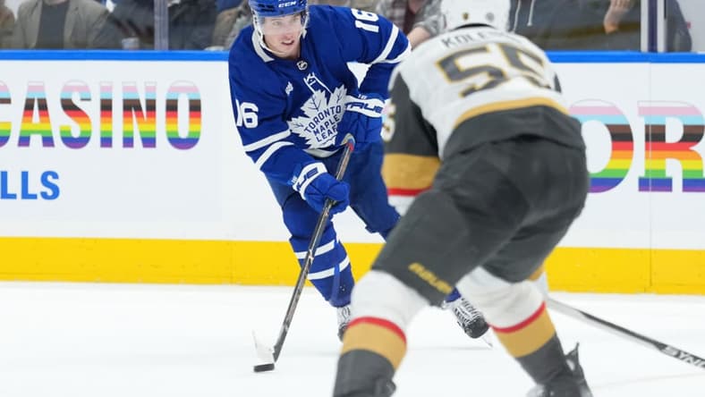 TORONTO, ON - FEBRUARY 27: Toronto Maple Leafs right wing Mitchell Marner (16) carries the puck on his stick during the second period of the NHL regular season game between the Las Vegas Golden Knights and the Toronto Maple Leafs on February 27, 2024 at Scotiabank Arena in Toronto, ON. (Photo by Gavin Napier/Icon Sportswire)