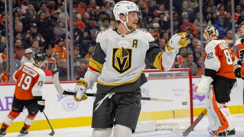 PHILADELPHIA, PA - NOVEMBER 25: Vegas Golden Knights center Jack Eichel (9) celebrates his goal during the game between the Philadelphia Flyers and the Vegas Golden Knights on November 25, 2024 at the Wells Fargo Center in Philadelphia, PA. (Photo by Terence Lewis/Icon Sportswire)