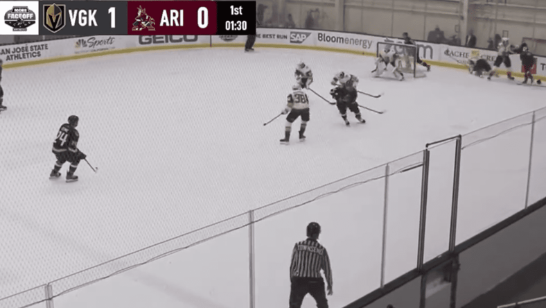 Vegas Golden Knights prospect Joe Fleming fights Arizona Coyotes prospect Jack McBain.