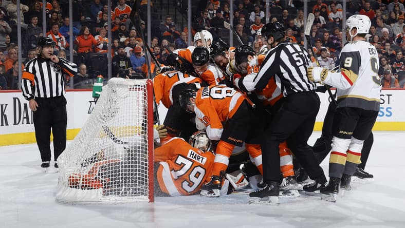 Vegas Golden Knights Philadelphia Flyers net scrum (Photo- Philadelphia Flyers via Twitter)