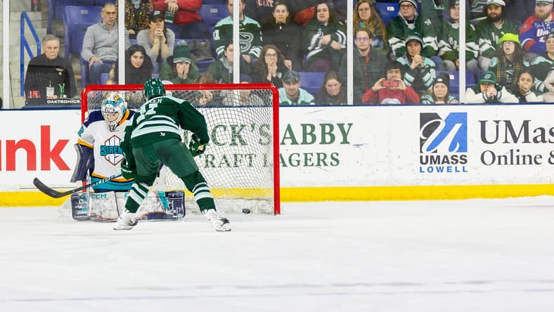 Boston Fleet forward Alina Müller scores the shootout game-winner against New York Sirens goalie Kayle Osborne.