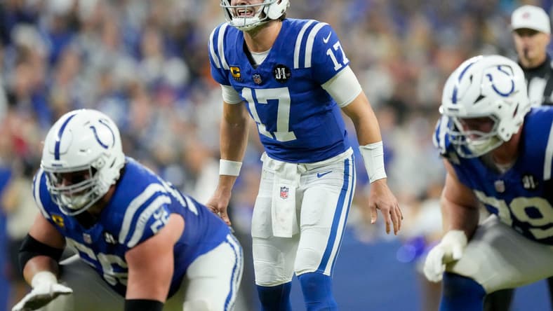 Indianapolis Colts quarterback Daniel Jones (17) yells at the line of scrimmage Sunday, Nov. 30, 2025, during a game against the