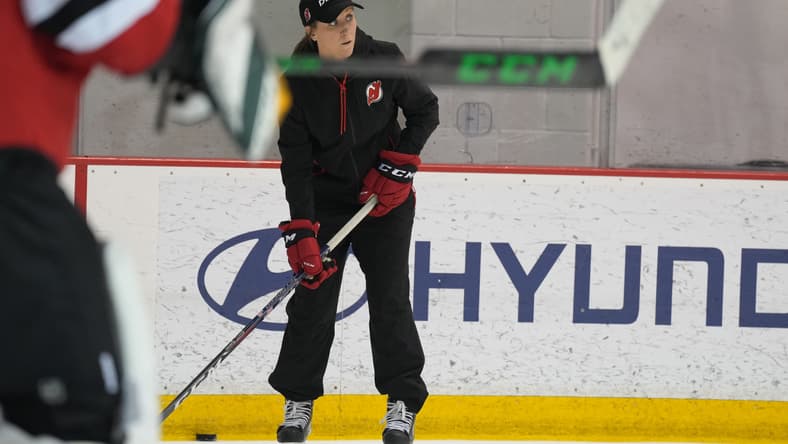 Newark, NJ July 11, 2023 --   Meghan Duggan, Devils Director of Player Development, participates in the NJ Devils 2023
