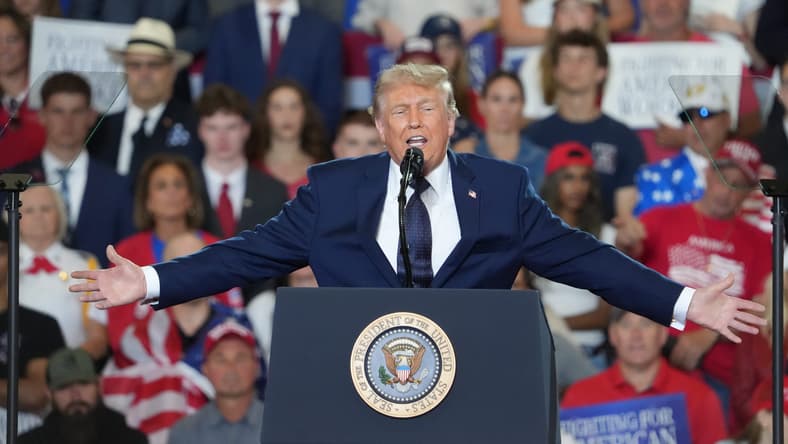President Donald J. Trump speaks at a rally in the fieldhouse at Rockland Community College May 22, 2026.