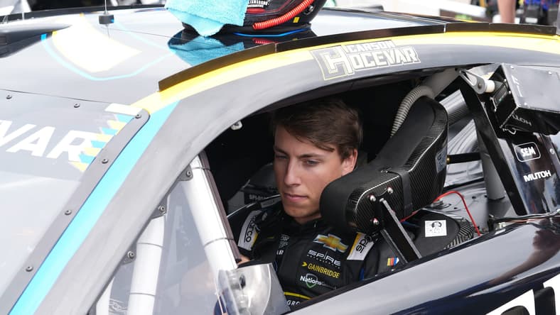 Carson Hocevar sits in his car during Saturday's practice for the FireKeepers Casino 400 at Michigan International Speedway.