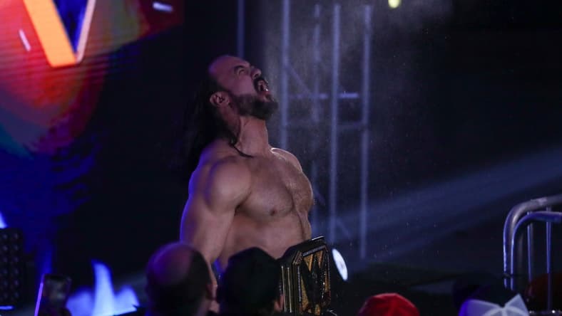 Drew McIntyre makes his entrance before a WWE Championship match during the WWE Road to WrestleMania show, Saturday, Feb. 14,