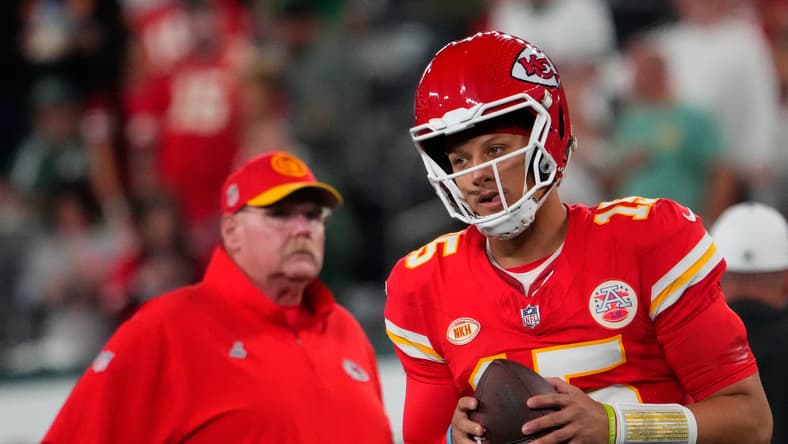 Kansas City Chiefs quarterback Patrick Mahomes (15) and Kansas City Chiefs head coach Andy Reid pre game against the Jets at
