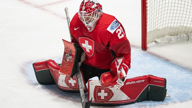 Switzerland's Andrea Brändli makes a save at the Adirondack Bank Center in Utica, NY on Friday, April 5, 2024.
