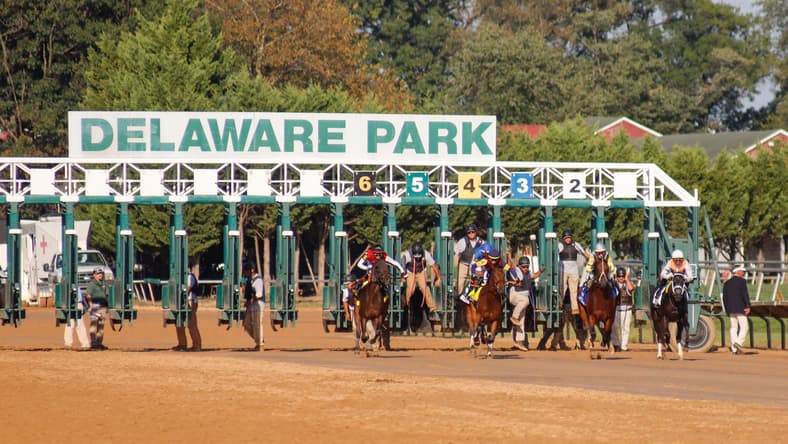 The field of five leaves the starting gate for the Delaware Handicap horse race on Sept. 28, 2025, at Delaware Park.