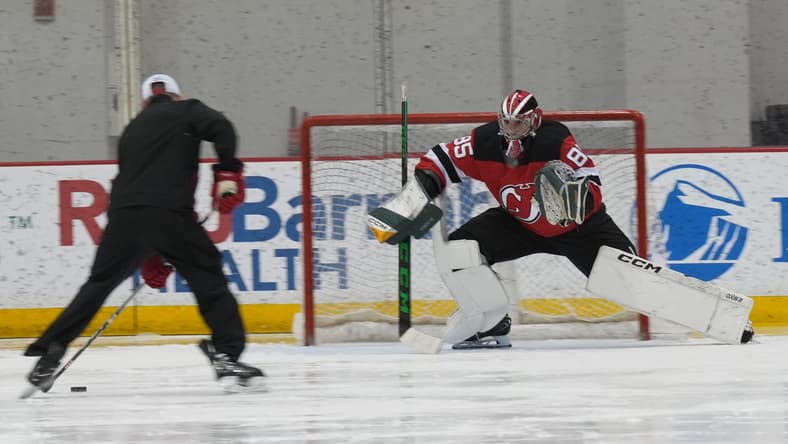 Newark, NJ July 11, 2023 -- Goalie, Jakub Malek participates in the NJ Devils 2023 Development Camp for young players and