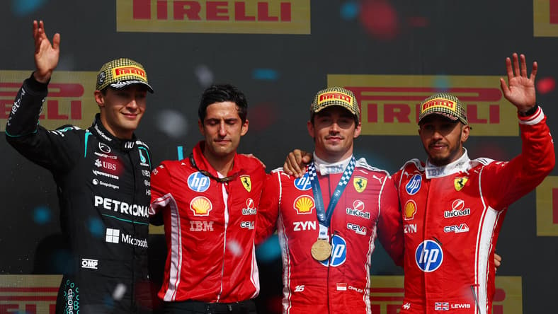 Charles Leclerc celebrates his Ferrari victory at the 2026 Formula 1 British Grand Prix at Silverstone