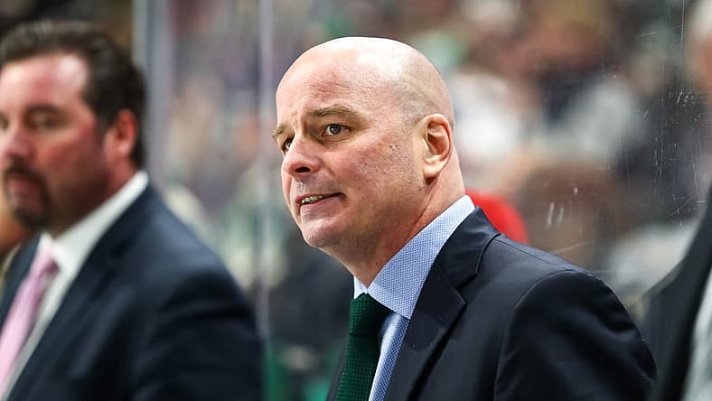 Dec 1, 2019; Saint Paul, MN, USA; Dallas Stars head coach Jim Montgomery looks on in the third period against the Minnesota Wild at Xcel Energy Center. Mandatory Credit: David Berding-USA TODAY Sports