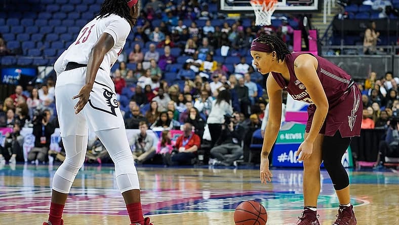 Mar 7, 2020; Greensboro, North Carolina, USA; Florida State Seminoles guard Nausia Woolfolk (13) handles the ball against Louisville Cardinals guard Jazmine Jones (23)  during the first half at Greensboro Coliseum. Mandatory Credit: Jim Dedmon-USA TODAY Sports