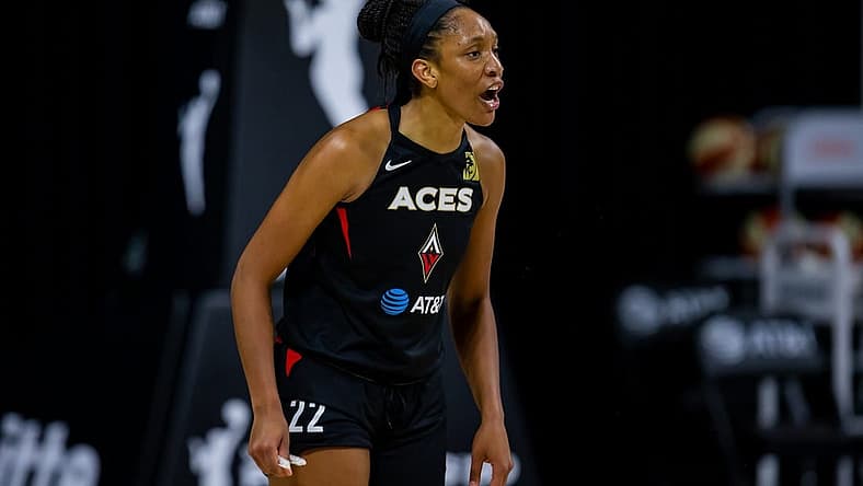 Sep 29, 2020; Bradenton, Florida, USA; Las Vegas Aces center A'ja Wilson (22) reacts to a call during game 5 of the WNBA semifinals between the Connecticut Suns and the Las Vegas Aces at IMG Academy. Mandatory Credit: Mary Holt-USA TODAY Sports