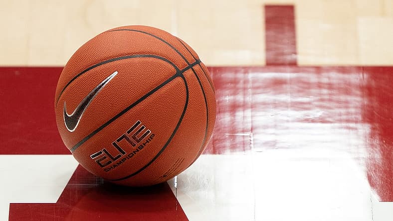 Feb 11, 2021; Stanford, California, USA; General view of the basketball on the basketball floor during the game between the Stanford Cardinal and the Colorado Buffaloes at Maples Pavilion. Mandatory Credit: Stan Szeto-USA TODAY Sports