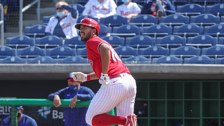 Mar 20, 2021; Clearwater, Florida, USA; Philadelphia Phillies Darick Hall (88) hit a fly ball for an out during the sixth inning against the Toronto Blue Jays at BayCare Ballpark. Mandatory Credit: Mike Watters-USA TODAY Sports
