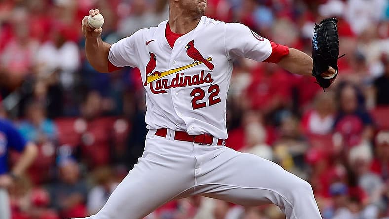 Oct 3, 2021; St. Louis, Missouri, USA;  St. Louis Cardinals pitcher Jack Flaherty (22) pitches during the sixth inning against the Chicago Cubs at Busch Stadium. Mandatory Credit: Jeff Curry-USA TODAY Sports