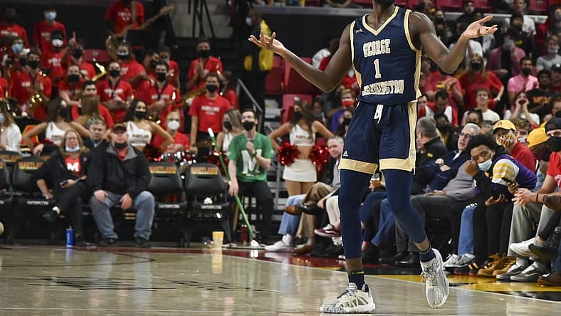 Nov 11, 2021; College Park, Maryland, USA;  George Washington Colonials guard Joe Bamisile (1) reacts to spectators during the game against the Maryland Terrapins at Xfinity Center. Mandatory Credit: Tommy Gilligan-USA TODAY Sports
