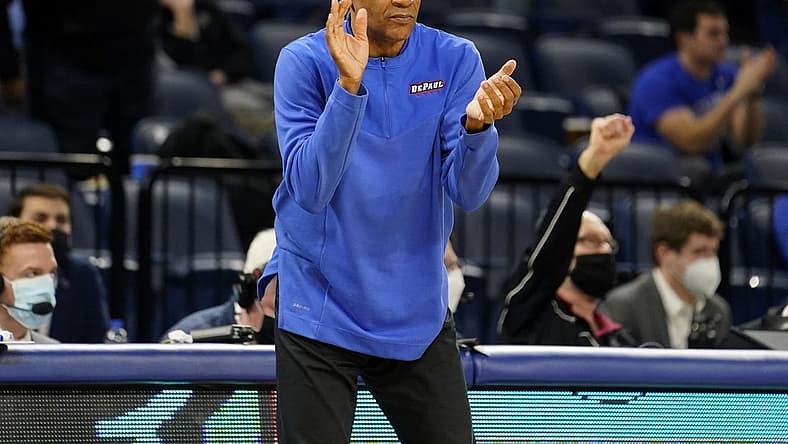 Jan 29, 2022; Chicago, Illinois, USA; DePaul Blue Demons head coach Tony Stubblefield during the first half against the Connecticut Huskies at Wintrust Arena. Mandatory Credit: Mike Dinovo-USA TODAY Sports