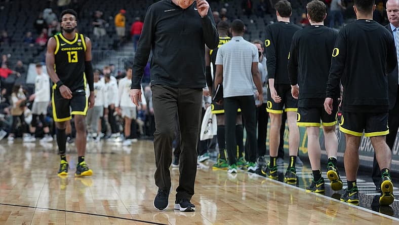 Mar 10, 2022; Las Vegas, NV, USA; Oregon Ducks head coach Dana Altman walks off the court after the Ducks were defeated by the Colorado Buffaloes 80-69 at T-Mobile Arena. Mandatory Credit: Stephen R. Sylvanie-USA TODAY Sports
