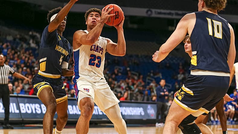 Westlake guard Jaden Greathouse (23) pushes past McKinney guard Ja'Kobe Walter (4) during the class 6A semifinal at the Alamodome in San Antonio, Texas on March 11, 2022. Westlake fell to McKinney in double overtime 68-66.

Aem Westlake Vs Mckinney Mbb 6