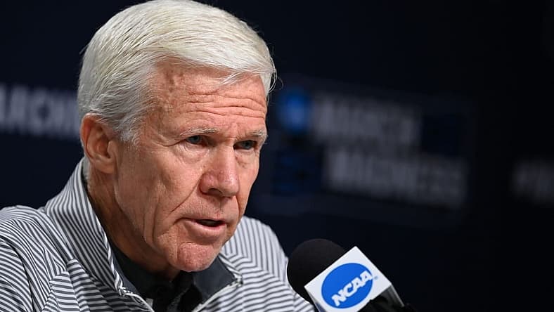 Mar 17, 2022; Greenville, SC, USA; Davidson Wildcats head coach Bob McKillop during the press conference before the first round of the 2022 NCAA Tournament at Bon Secours Wellness Arena. Mandatory Credit: Bob Donnan-USA TODAY Sports