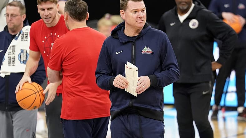 Mar 23, 2022; San Antonio, TX, USA; Arizona Wildcats head coach Tommy Lloyd during a team practice for the NCAA Tournament South Regional at AT&T Center. Mandatory Credit: Scott Wachter-USA TODAY Sports