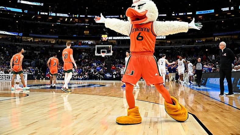 Mar 27, 2022; Chicago, IL, USA; Sebastian the Ibis performs before the start of the second half against the Kansas Jayhawks in the finals of the Midwest regional of the men's college basketball NCAA Tournament at United Center. Mandatory Credit: Jamie Sabau-USA TODAY Sports