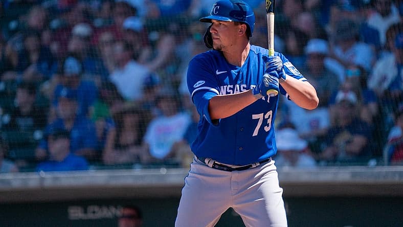 Mar 27, 2022; Mesa, Arizona, USA; Kansas City Royals designated hitter Vinnie Pasquantino (73) at bat in the second inning during a spring training game against the Chicago Cubs at Sloan Park. Mandatory Credit: Allan Henry-USA TODAY Sports