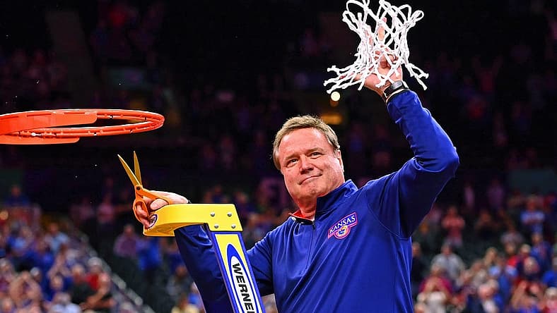 Apr 4, 2022; New Orleans, LA, USA; Kansas Jayhawks head coach Bill Self reacts after cutting down the net after their win against the North Carolina Tar Heels in the 2022 NCAA men's basketball tournament Final Four championship game at Caesars Superdome. Mandatory Credit: Bob Donnan-USA TODAY Sports