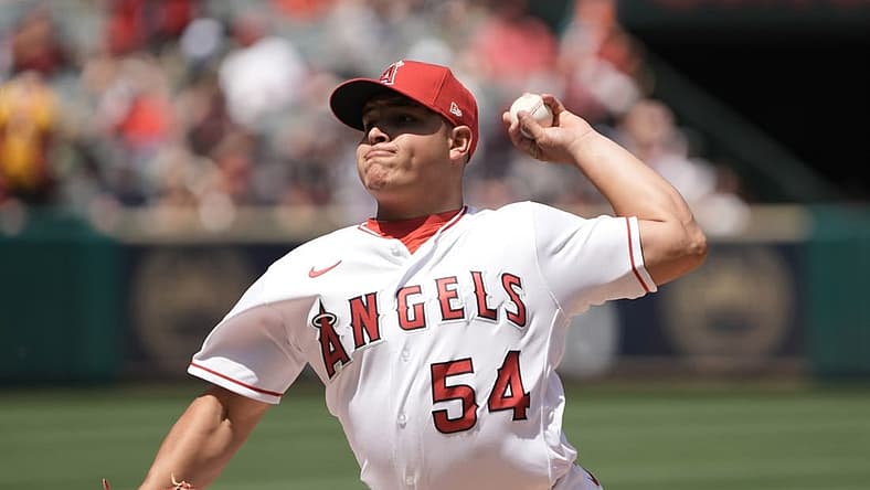 Apr 24, 2022; Anaheim, California, USA; Los Angeles Angels starting pitcher Jose Suarez (54) delivers a pitch in the second inning against the Baltimore Orioles at Angel Stadium. Mandatory Credit: Kirby Lee-USA TODAY Sports