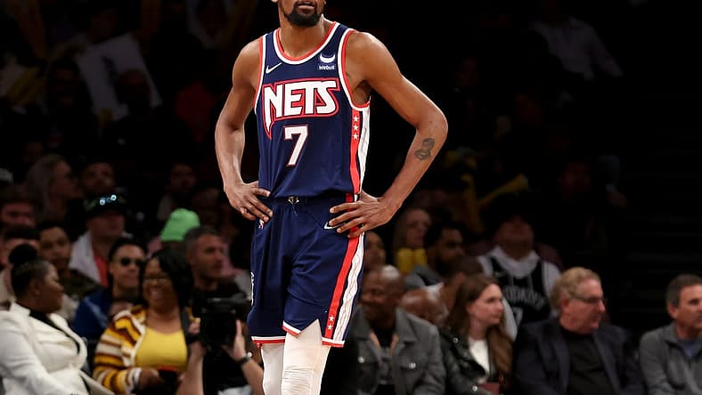 Apr 25, 2022; Brooklyn, New York, USA; Brooklyn Nets forward Kevin Durant (7) reacts during the second quarter of game four of the first round of the 2022 NBA playoffs against the Boston Celtics at Barclays Center. Mandatory Credit: Brad Penner-USA TODAY Sports