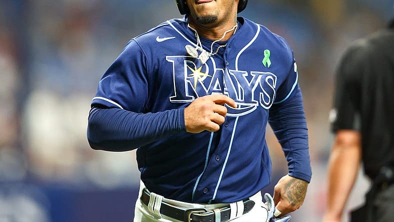 May 17, 2022; St. Petersburg, Florida, USA;  Tampa Bay Rays shortstop Wander Franco (5) scores a run against the Detroit Tigers in the fifth inning at Tropicana Field. Mandatory Credit: Nathan Ray Seebeck-USA TODAY Sports