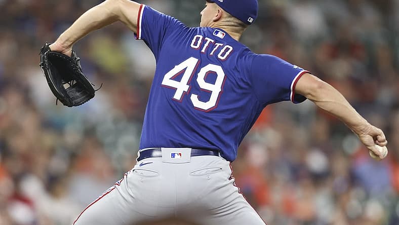 May 19, 2022; Houston, Texas, USA; Texas Rangers starting pitcher Glenn Otto (49) pitches against the Houston Astros in the first inning at Minute Maid Park. Mandatory Credit: Thomas Shea-USA TODAY Sports
